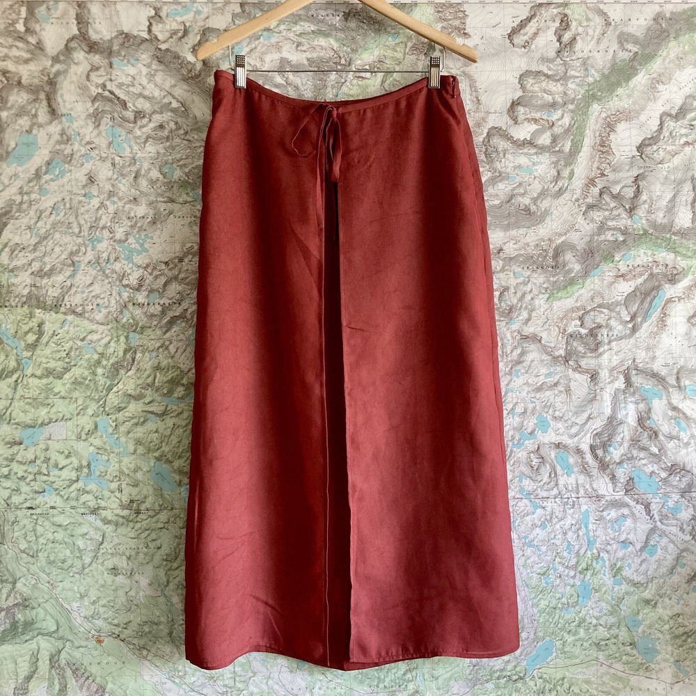 Eddie Bauer Women's Petite 12 Faux-Wrap Tie-Front Poly Maxi Skirt in Brick Red